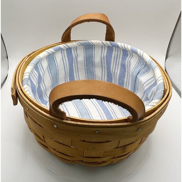Longaberger Round Basket 1994 With Leather Handles Blue White Fabric Liner 6” - Picture 4 of 9